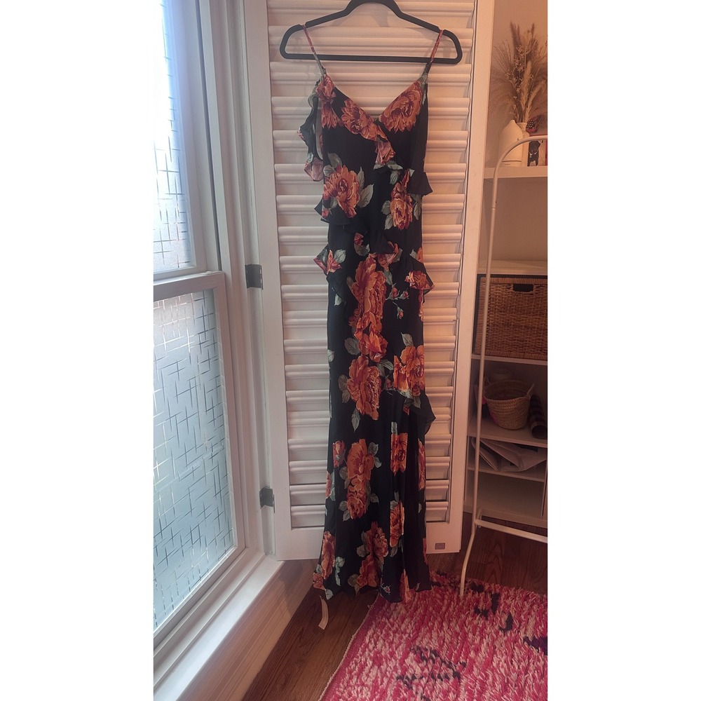 Reformation Maxi Dress Floral Ruffle Black Orange Sleeveless Elegant
